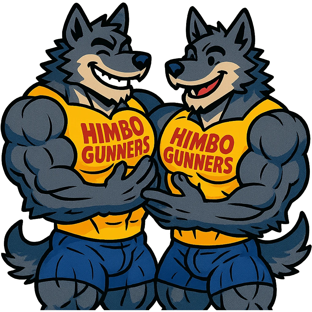 two hyper-muscular wolf furry characters in 'Himbo gunners' t-shirts, admiring and touching each other's muscles, big smiles, playful and affectionate, oversized and detailed muscles, intricate fur, ultra high quality emoji