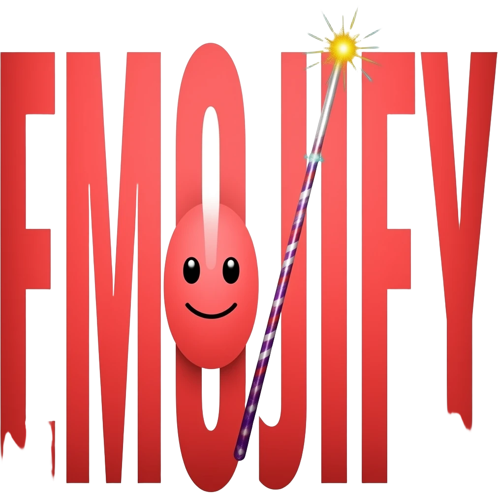 Big red text "EMOJIFY" is stretched in height and width. Letter "O" is a smiley face. Letter "J" in the form of a magic wand with sparkles a on the end. emoji
