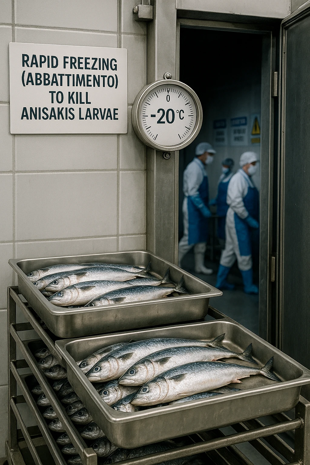 a fish processing facility where freshly caught fish are placed on trays and moved into a large industrial freezer. A temperature gauge shows -20°C, and an educational label explains that rapid freezing (abbattimento) is used to kill Anisakis larvae. The background includes workers in protective clothing and clear signage about food safety. emoji