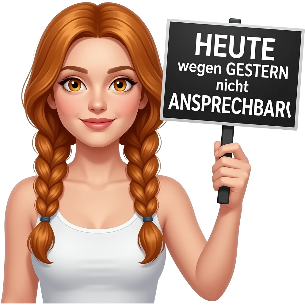 sexy girl with long ginger braids and ginger eyes wearing a white tanktop is holding a black sign with HEUTE wegen GESTERN nicht ANSPRECHBAR written on it emoji