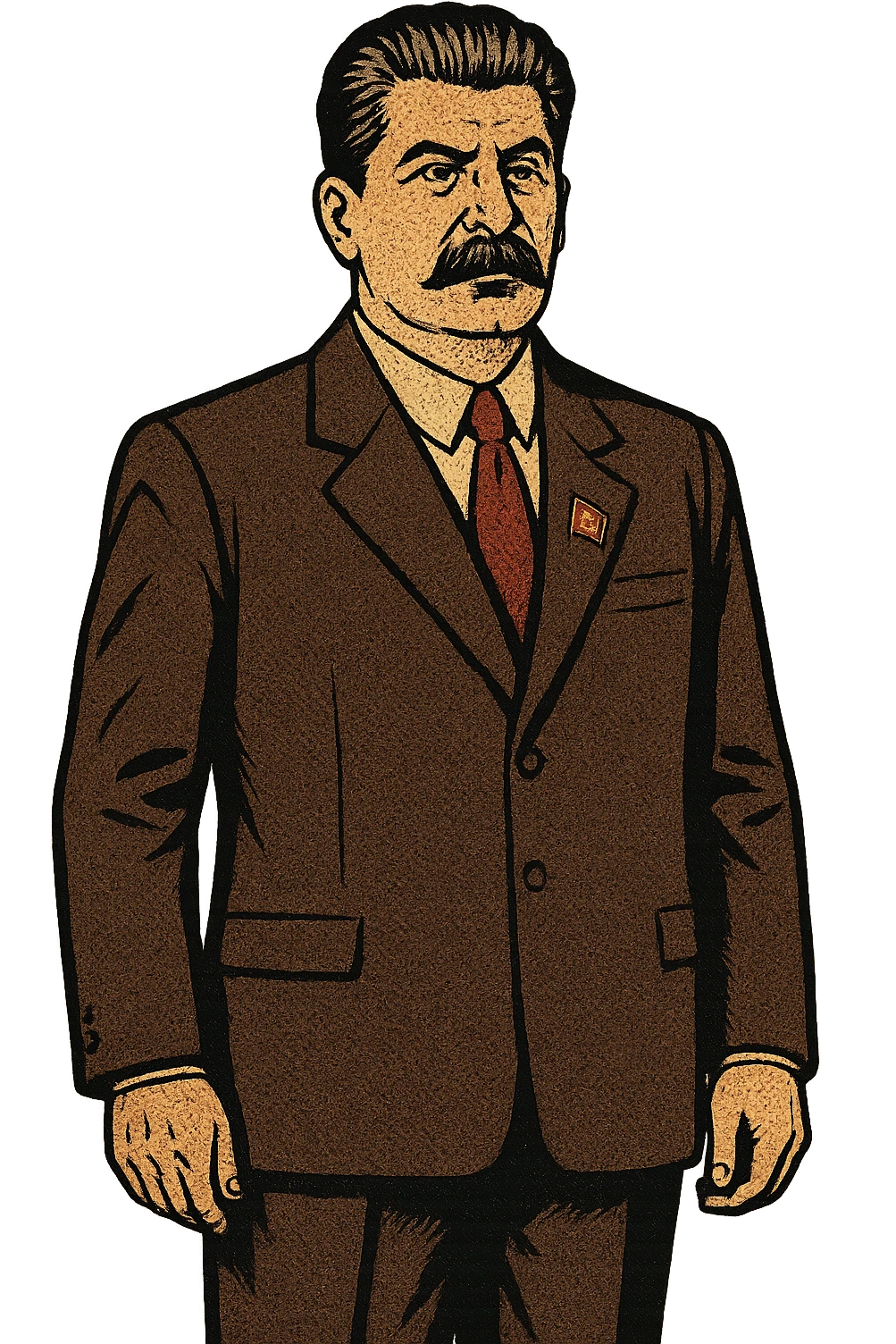 A full body image of a political leader who looks like Joseph Stalin and  who is wearing a suite with a badge of the communist party on his jacket.  He will be looking serious emoji