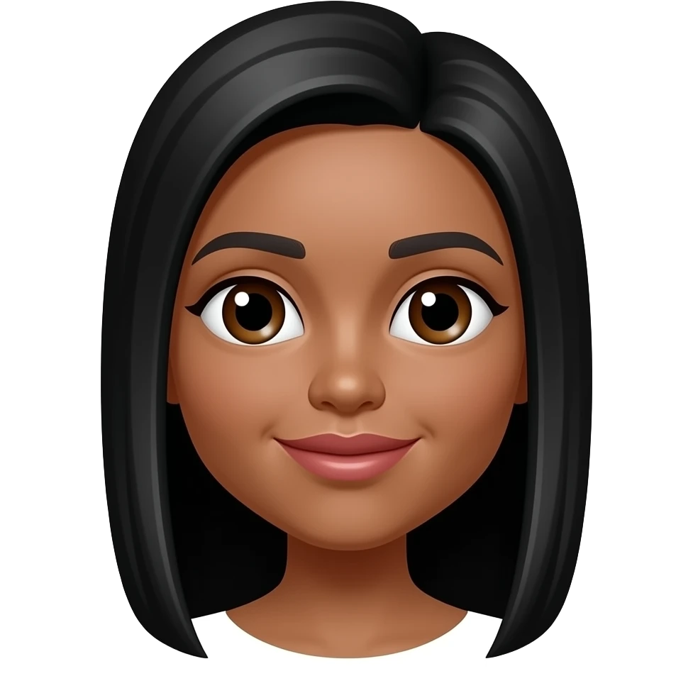 Ios 18 style emoji for girl with long black straight hair, medium brown skin, big almond eyes, full lips. Less brown and lomger black hair , small nose and full lips in color emoji