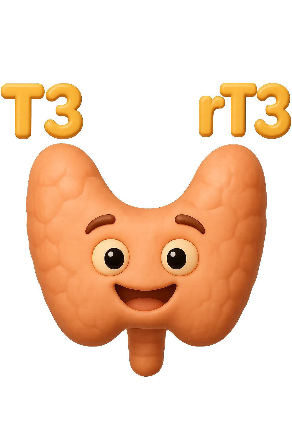 EMOJI STILE IPHONE 3D DI ormoni tiroidei (T3 ed rT3) che fluttuano in aria intorno ad una tiroide felice, iperrealistico 4k emoji
