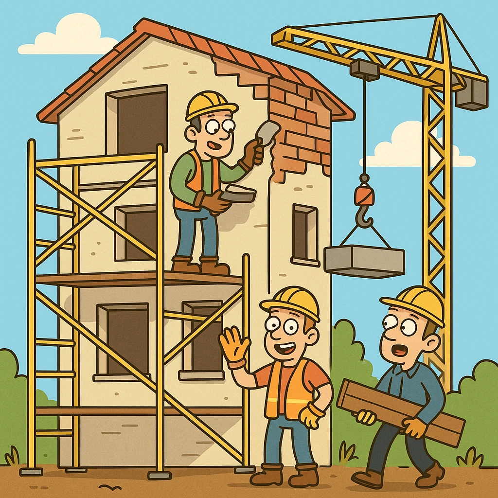 a partially renovated building with scaffolding, a crane, and workers in hard hats, bright and cheerful colors, cartoon style emoji