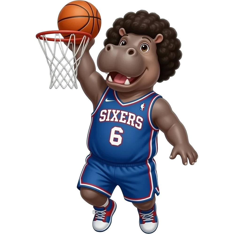 hippopotamus afro wearing sixers number 6 basketball jersey dunk emoji