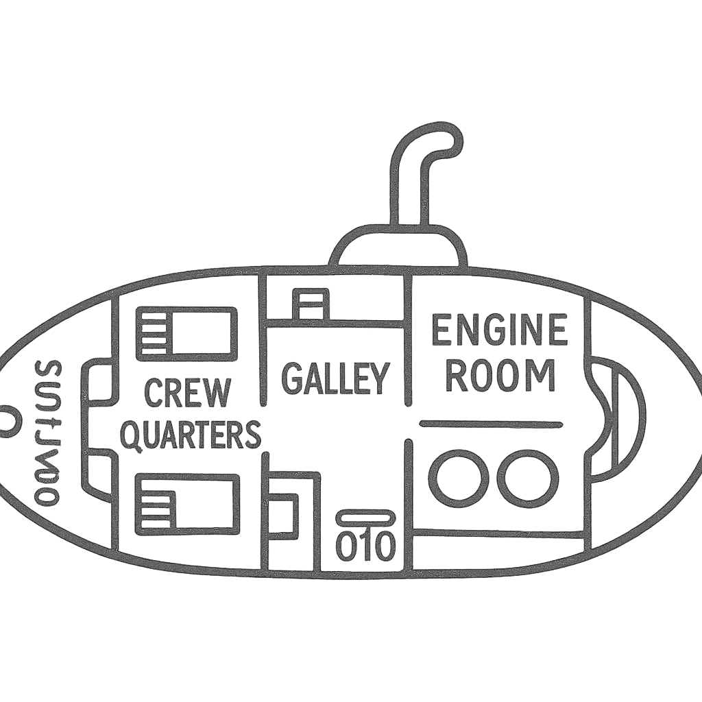 submarine floorplan, interior view, showing rooms and compartments, clear layout, top-down perspective, blueprint style, technical drawing, labeled rooms emoji