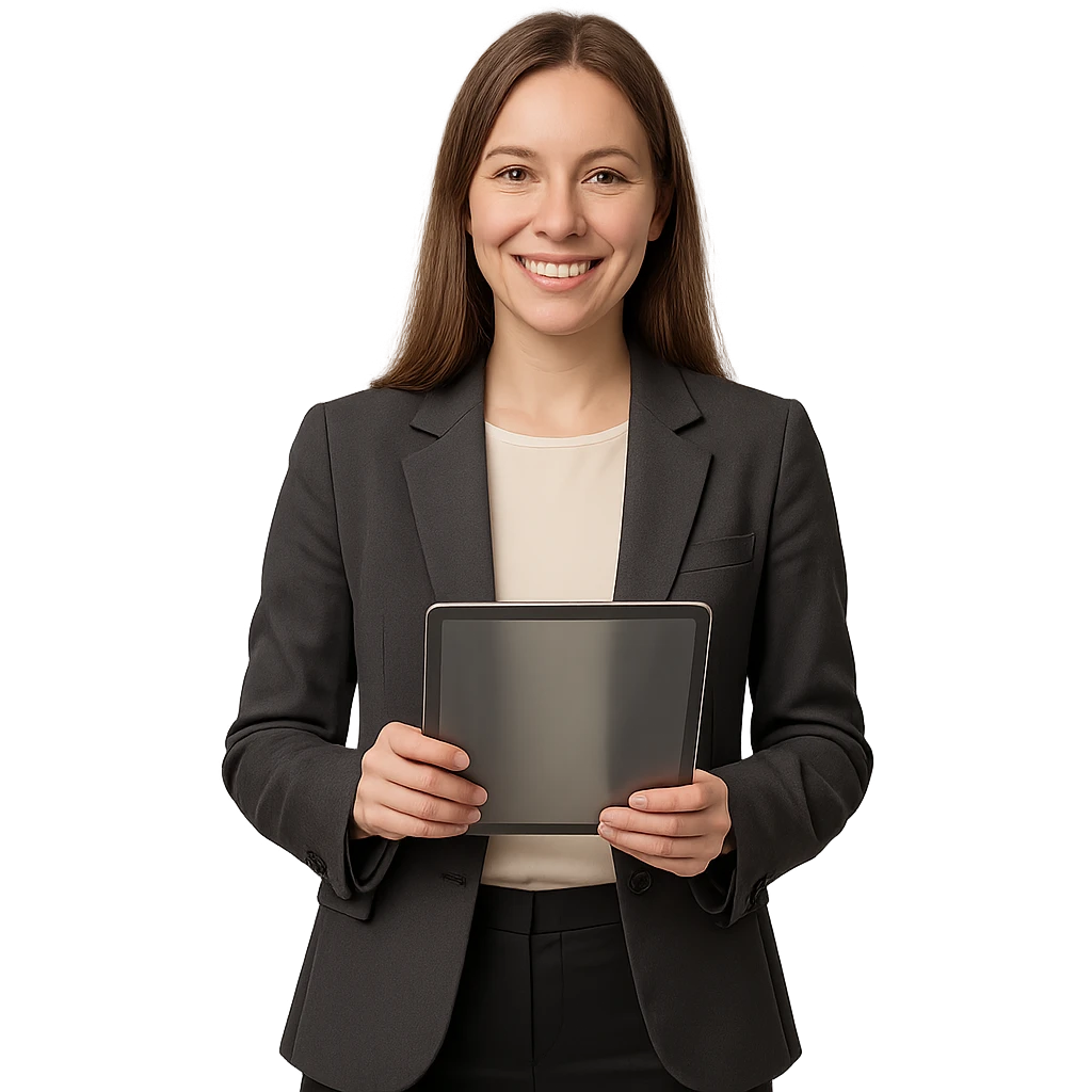 quest guide woman with straight light brown hair, academic outfit including blazer, blouse, pants, smiling, holding a digital tablet emoji
