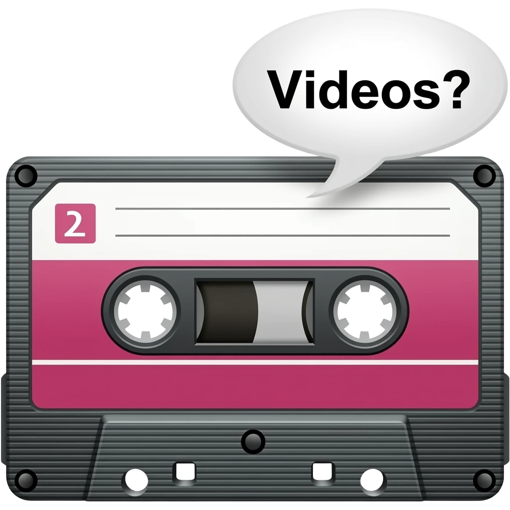 An audio cassette is looking sad. The two holes double as eye sockets. A word bubble reads: "Videos?" emoji