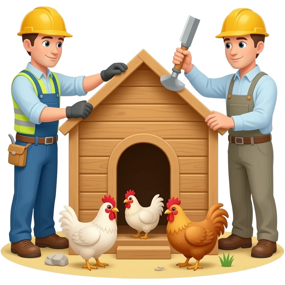 Construire un poulailler avec des bricoleurs et bricoleuse et des poules emoji