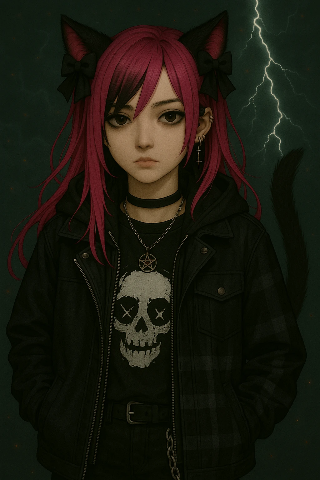 Change the character's outfit to a modern, stylish streetwear look with layered jackets, graphic tee, and accessories, while keeping the emo style, pink hair, dark magical accessory, sparkles, stormy background, and normal face in a realistic anime style. emoji