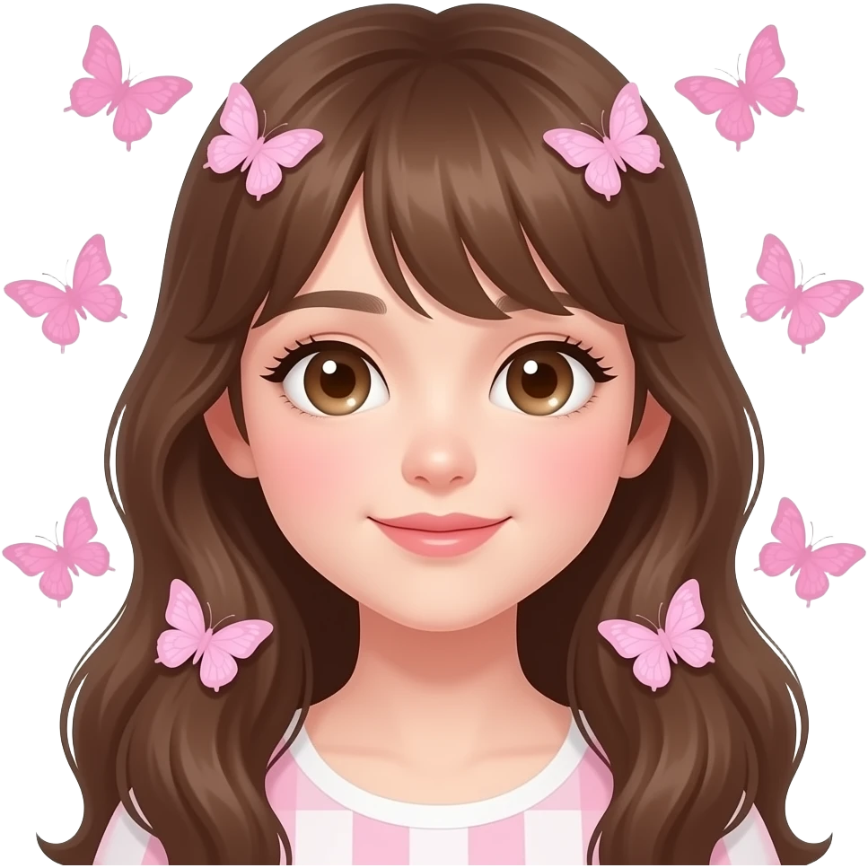 Cute emoji girl with long brown hair, pink butterfly clips in hair, soft blush, big sparkling eyes, surrounded by pastel butterflies, aesthetic kawaii cartoon style. emoji