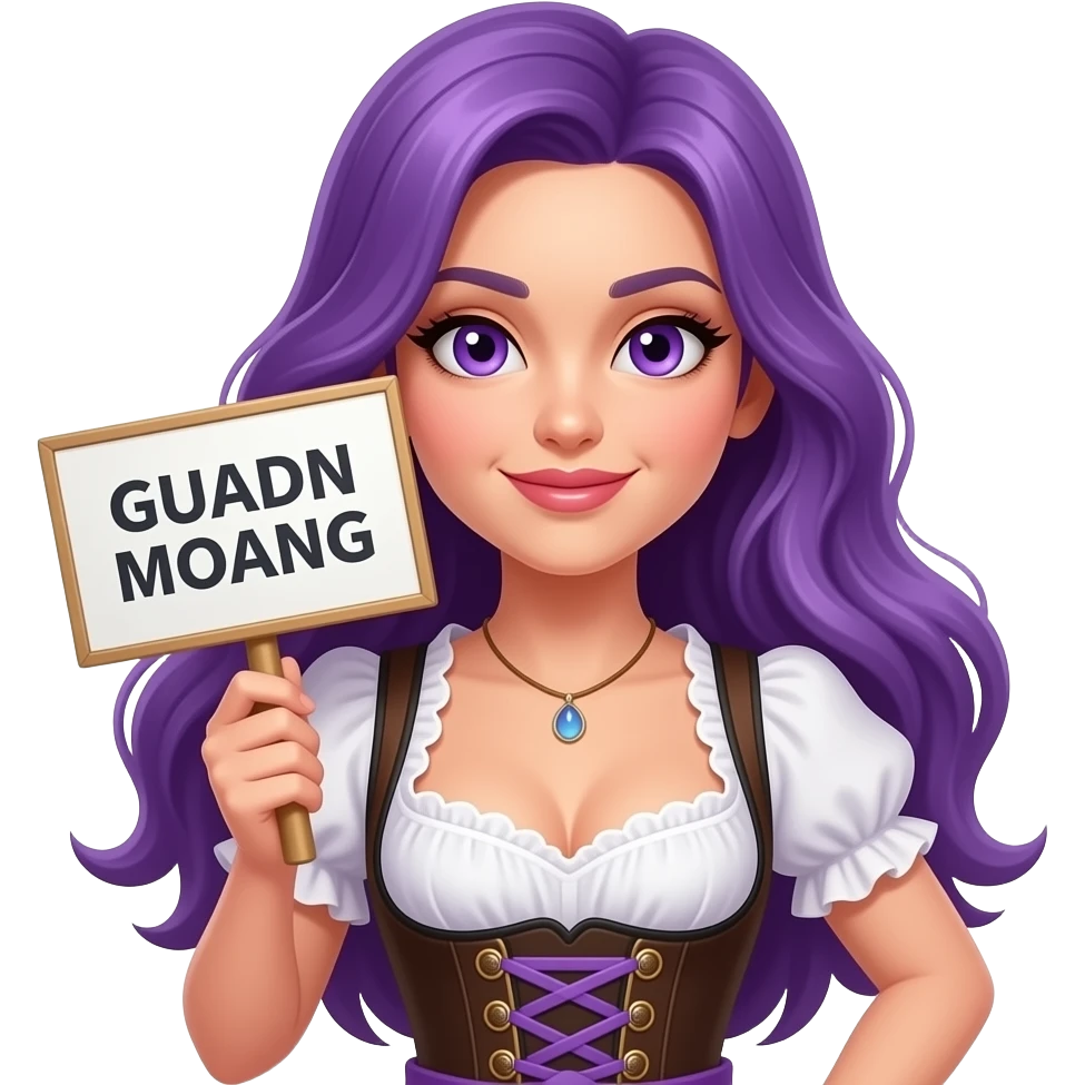 sexy girl with long purple hair and purple eyes wearing a dirndl holding a GUADN MOANG sign emoji