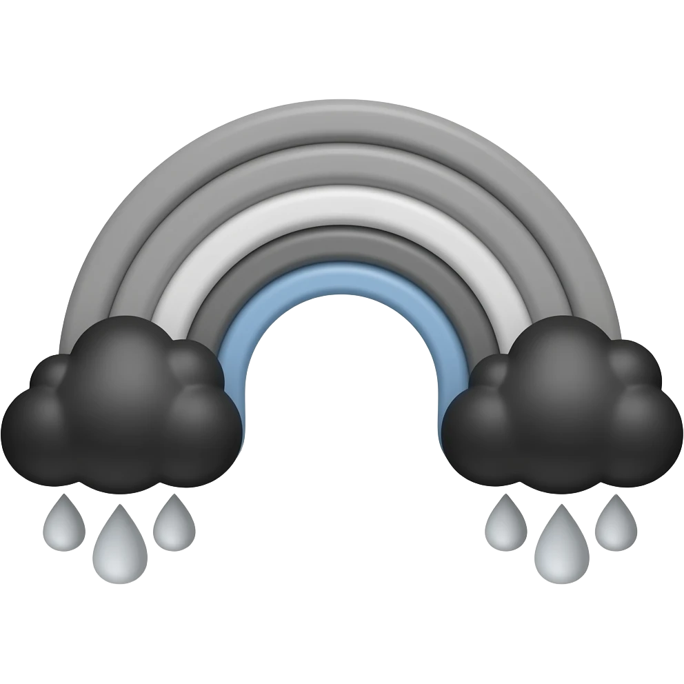 Rainbow emoji but entirely grayscale, with black clouds on both ends of the rainbow emoji