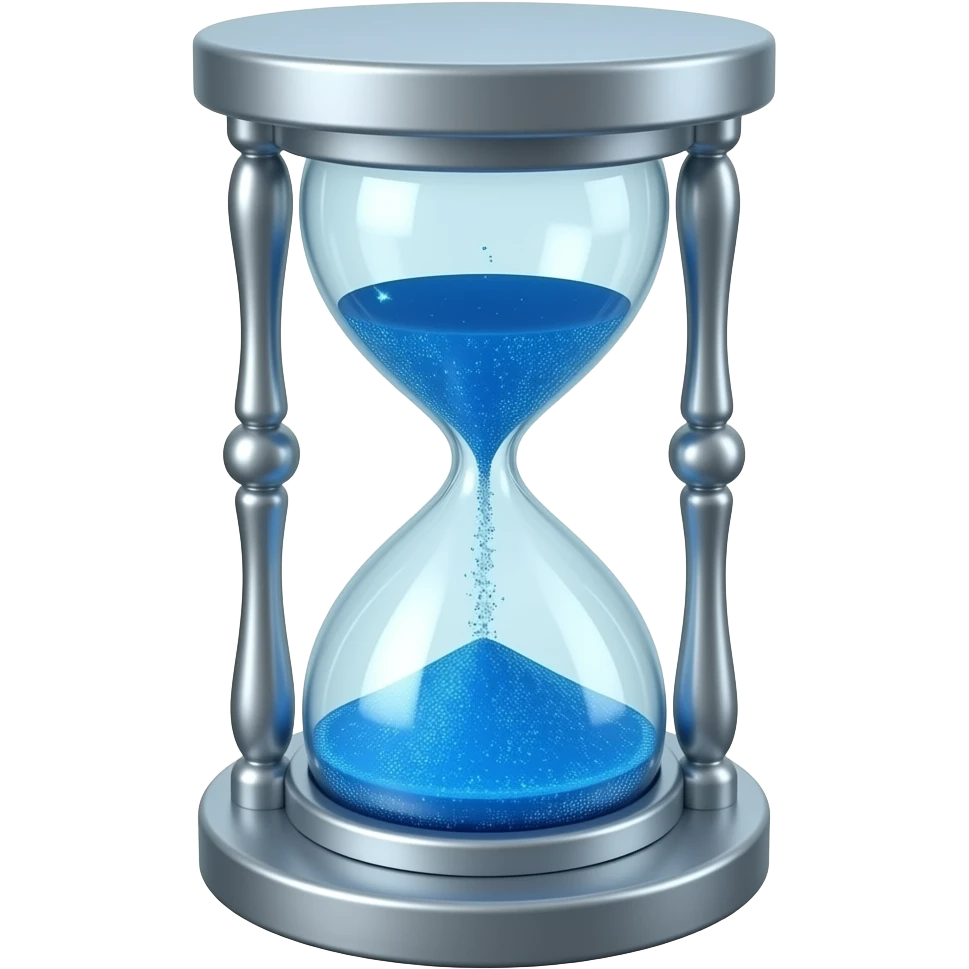 "Futuristic hourglass emoji: digital blue sand flowing rapidly, motion lines, glowing flash effect, flat iOS vector style, transparent background." emoji