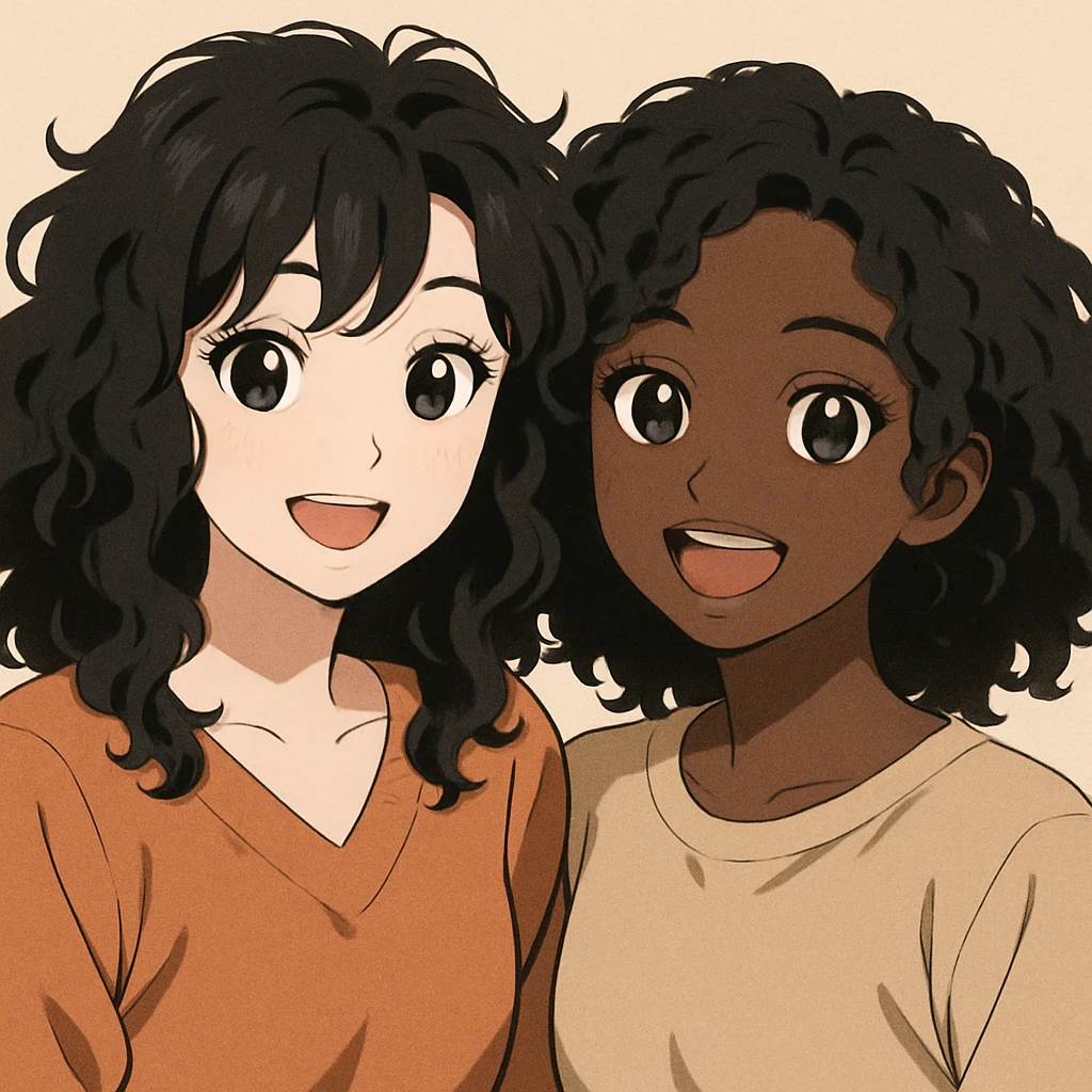 illustration of two women, one with light skin and one with dark skin, both with black curly hair, black eyes, full lips, smiling expression, anime style emoji