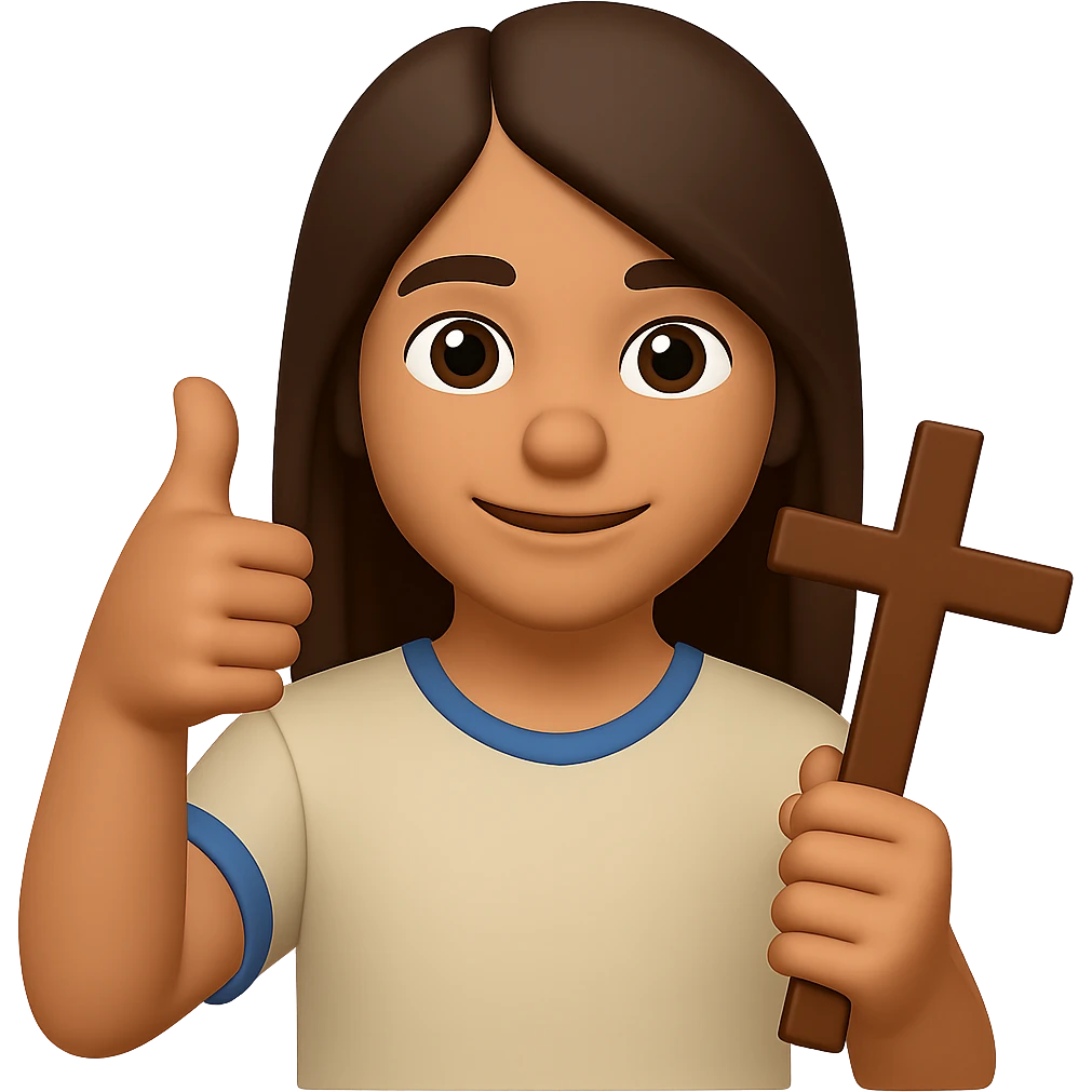 Make the person a boy with long brown hair, holding a cross and giving a thumbs up, in a clean modern emoji style with no background. emoji
