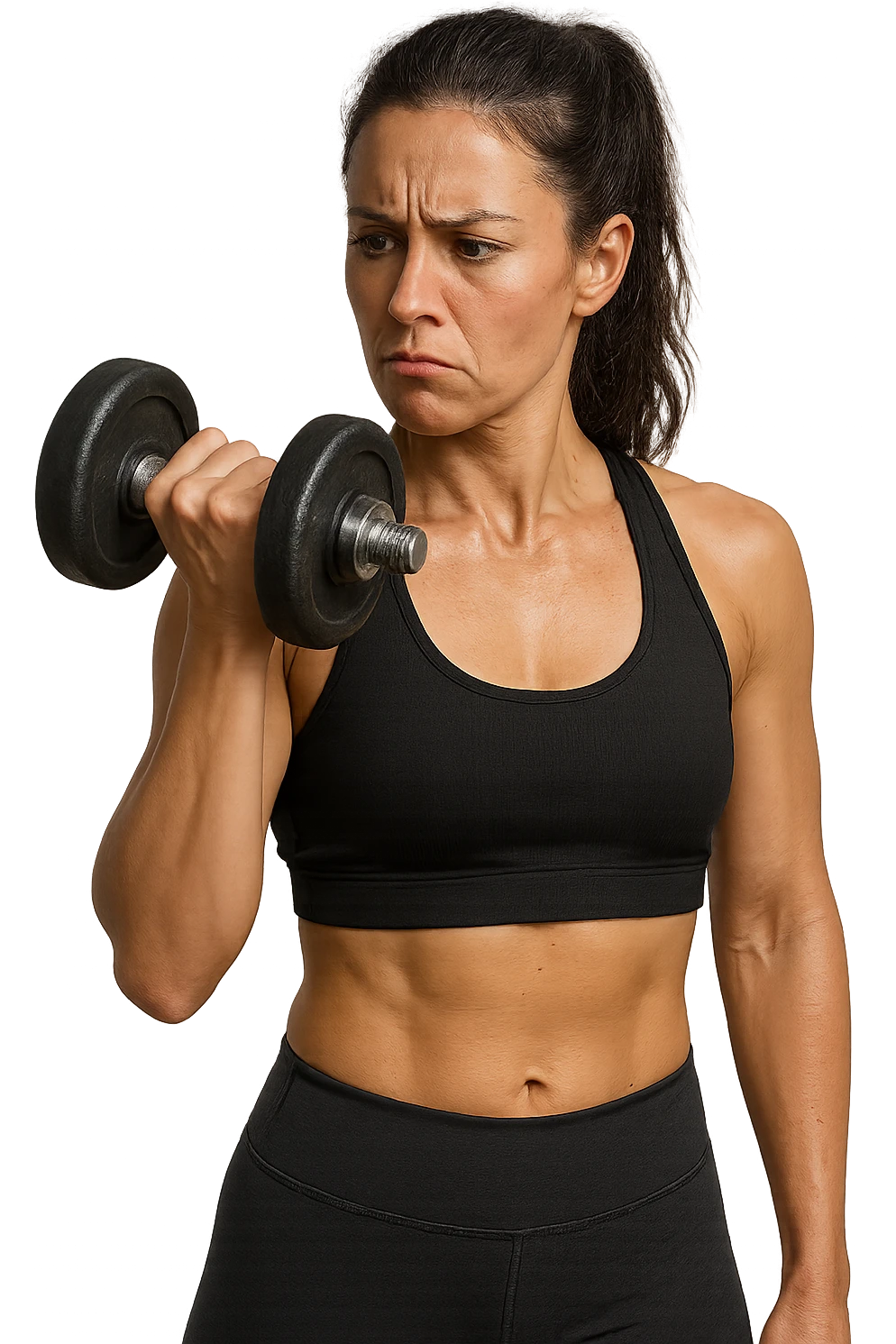 DONNA FITNESS CHE GUARDA DUBBIOSA UN MANUBRIO DA PALESTRA CHE HA IN MANO, iperrealistico 4k emoji