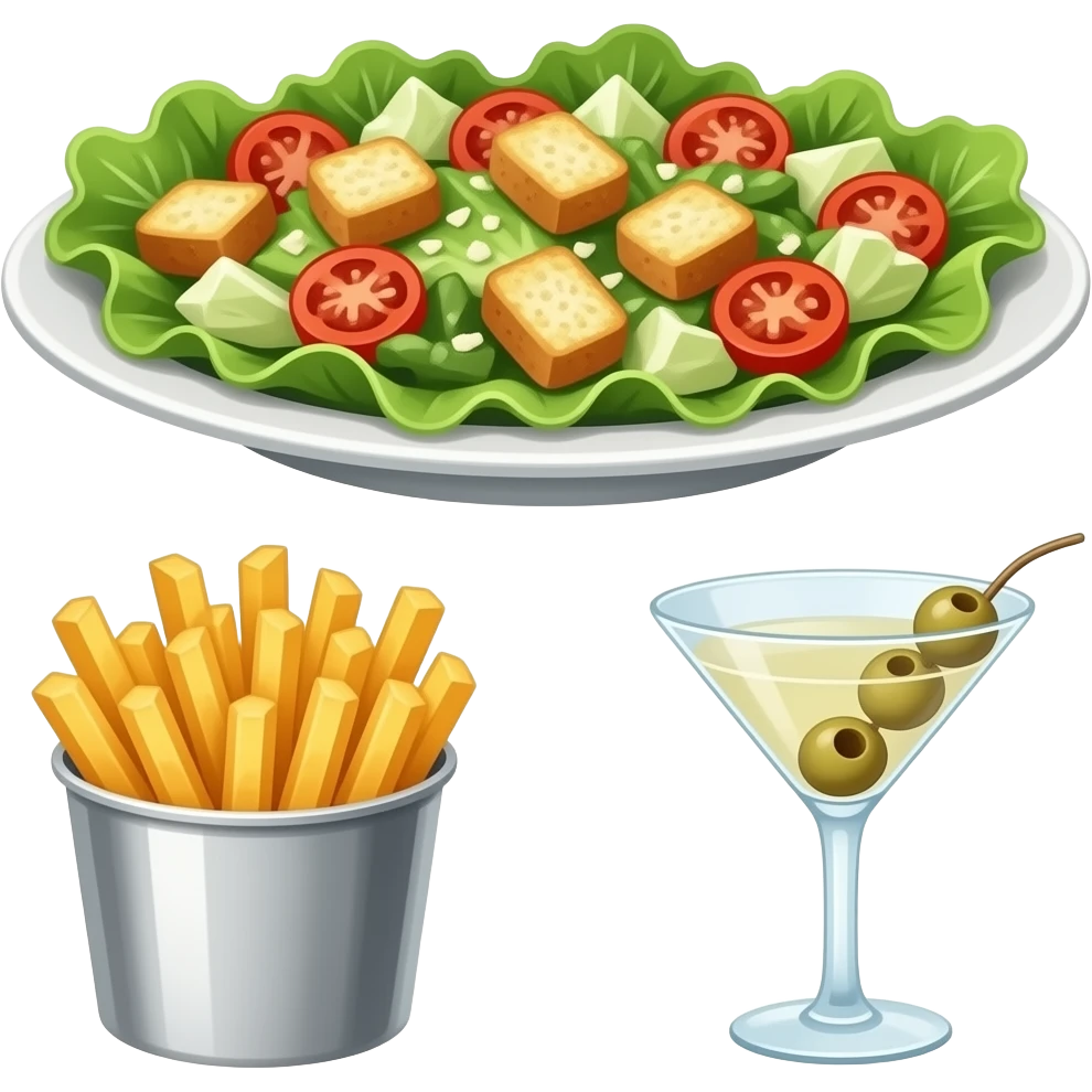 fancy caeser salad (just lettuce and croutons parmesan) fries in a silver containerand dirty martini with 3 olives emoji