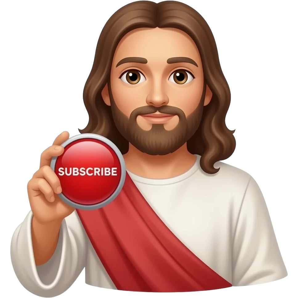 JESUS sosteniendo un boton rojo QUE DICE "SUSCRÍBETE" emoji