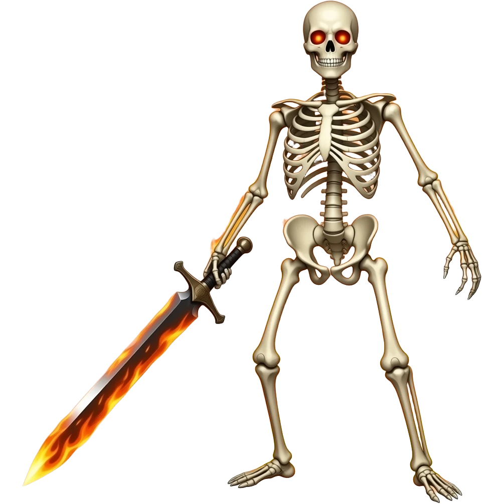 A skeleton with firing eyes in with a burning body with a flaming sword emoji