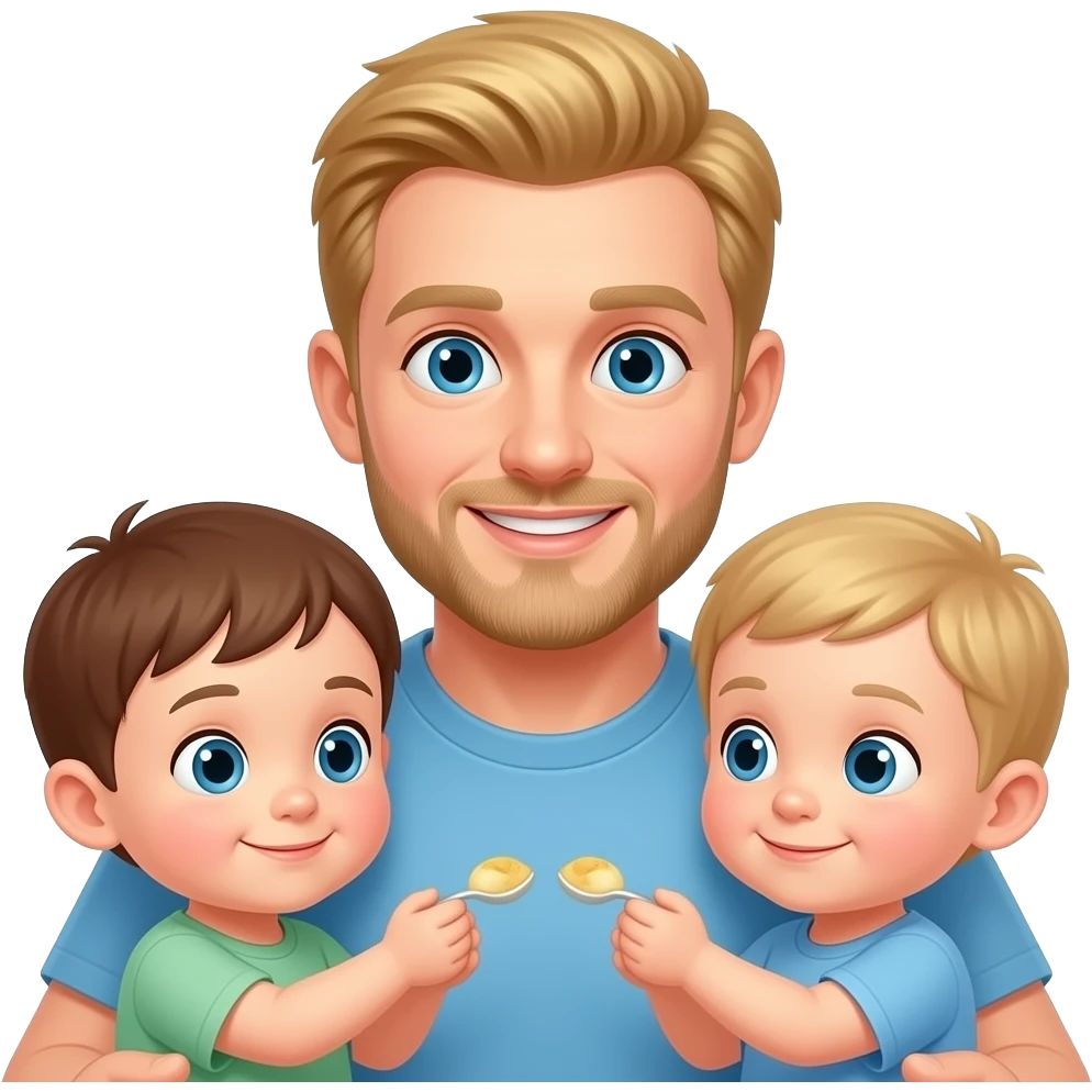 like the Man Feeding Baby Emoji but with twins and the man is blonde; one twin has brown hair, the other lighter hair emoji