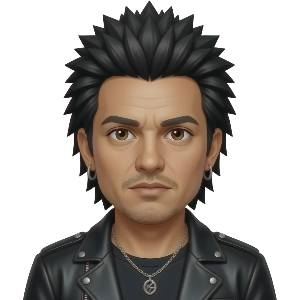 Chino Moreno with dark brown eyes, black spiky hair, black metallic nu-metal outfit, necklace emoji