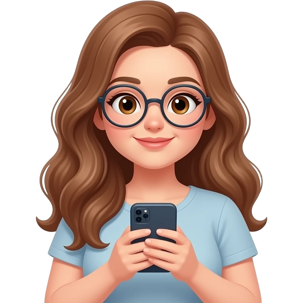 detailed emoji illustration of a curvy woman with long light brown wavy hair, light brown eyes and round glasses reading on her phone, casual modern reading vibe, cute emoji style emoji