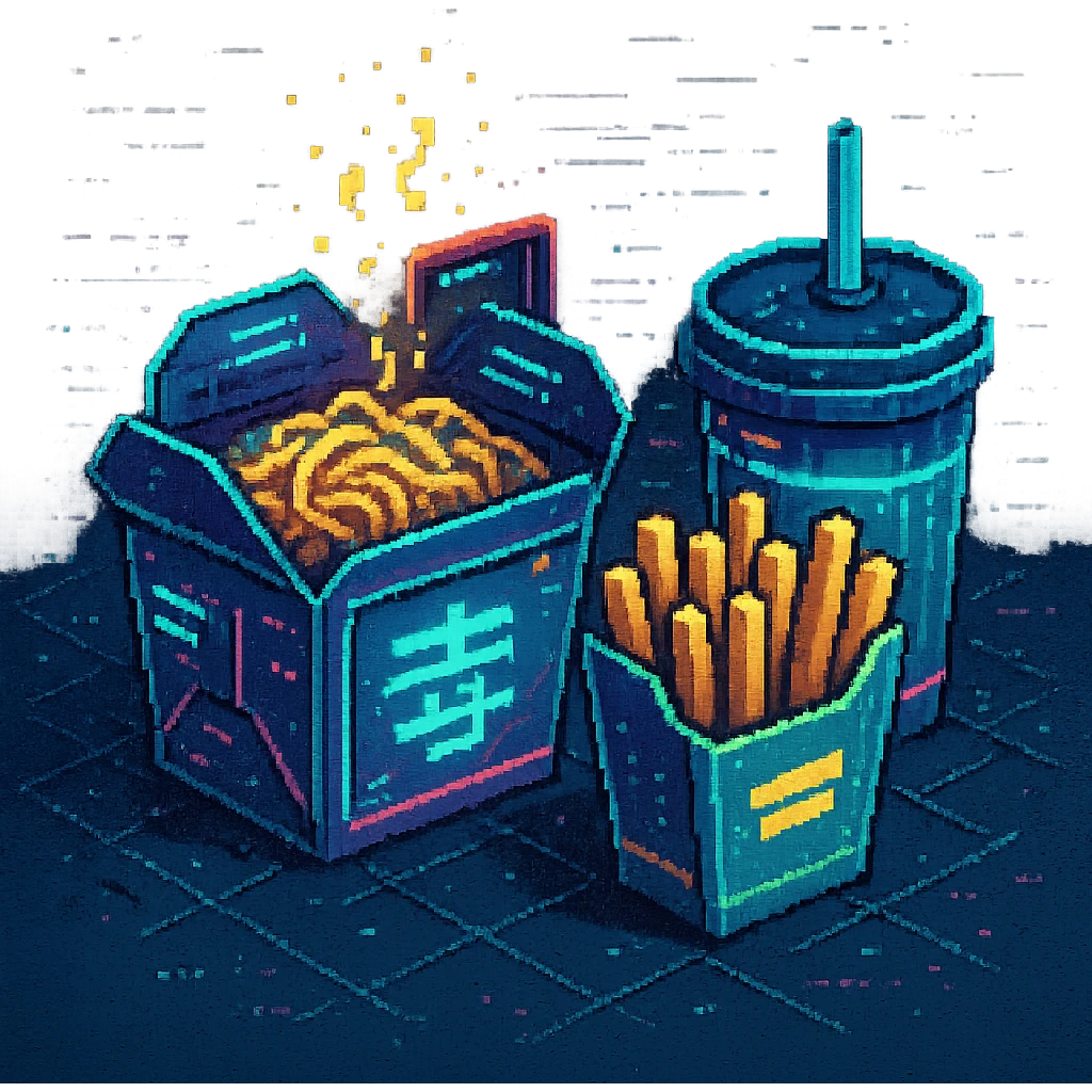 cyberpunk futuristic, 3d isometric, item image, video game item, inventory icon, the image depicts a small box of takeout, takeaway, chinese takeout food, delivery food. futuristic drive-through, fries, bag and drink. dystopian. pixelated retro video game graphics emoji
