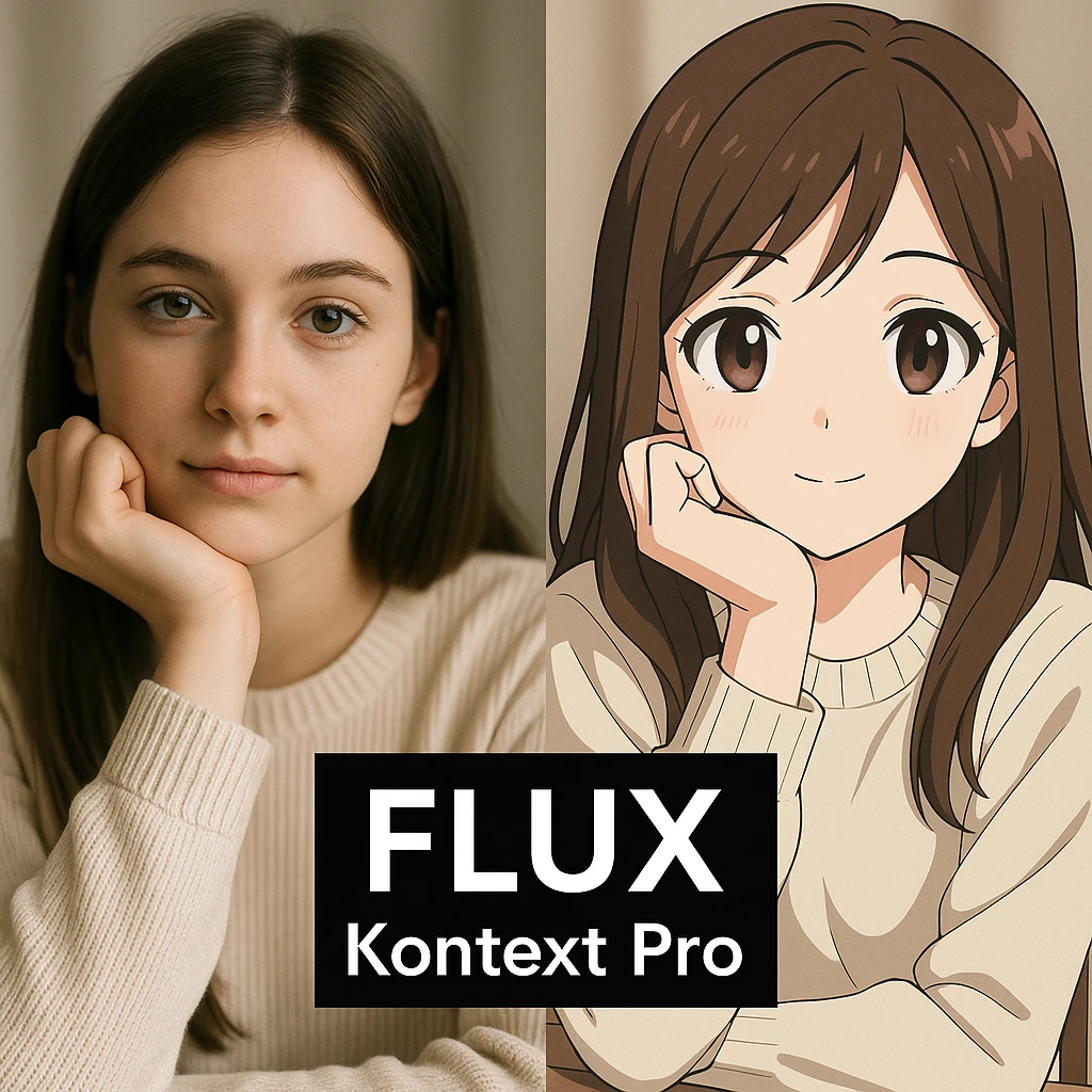 create before after image of a girl before is realsitic photo, after is anime version of her in same pose and clothes, add logo with text of a "FLUX Kontext Pro" emoji