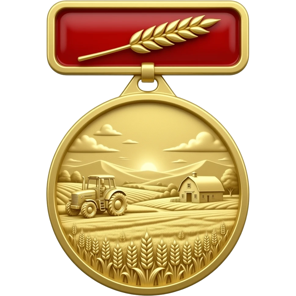 Prestige 3D award medal. Top: Red enamel rectangular bar featuring a central golden wheat stalk. Bottom: Round gold medal engraved with a detailed landscape of rolling wheat fields, a farm tractor, and a barn. White background. emoji