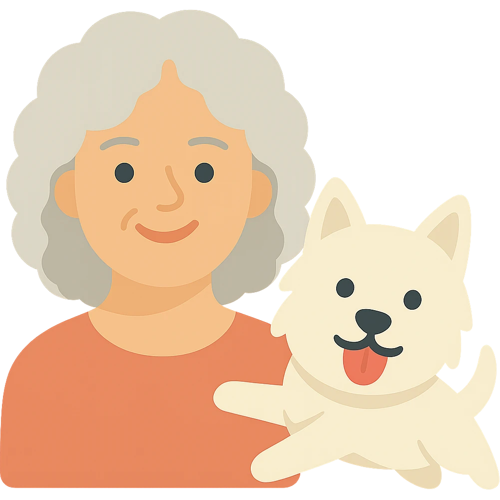 Make the Westie dog playful, with an energetic pose or playful expression, keep the 50-year-old lady with silver curly hair smiling emoji