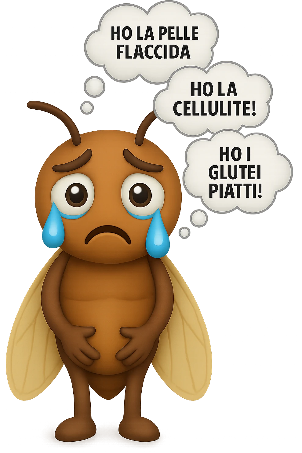 EMOJI STILE IPHONE 3D DI una cicala triste che si tocca le cosce e piange perché non le piace il suo fisico, posa frontale, fagli anche la parte bianca degli occhi, non solo la pupilla, sulla testa della cicala aleggiano i pensieri "HO LA PELLE FLACCIDA", "HO LA CELLULITE!", "HO I GLUTEI PIATTI!" emoji