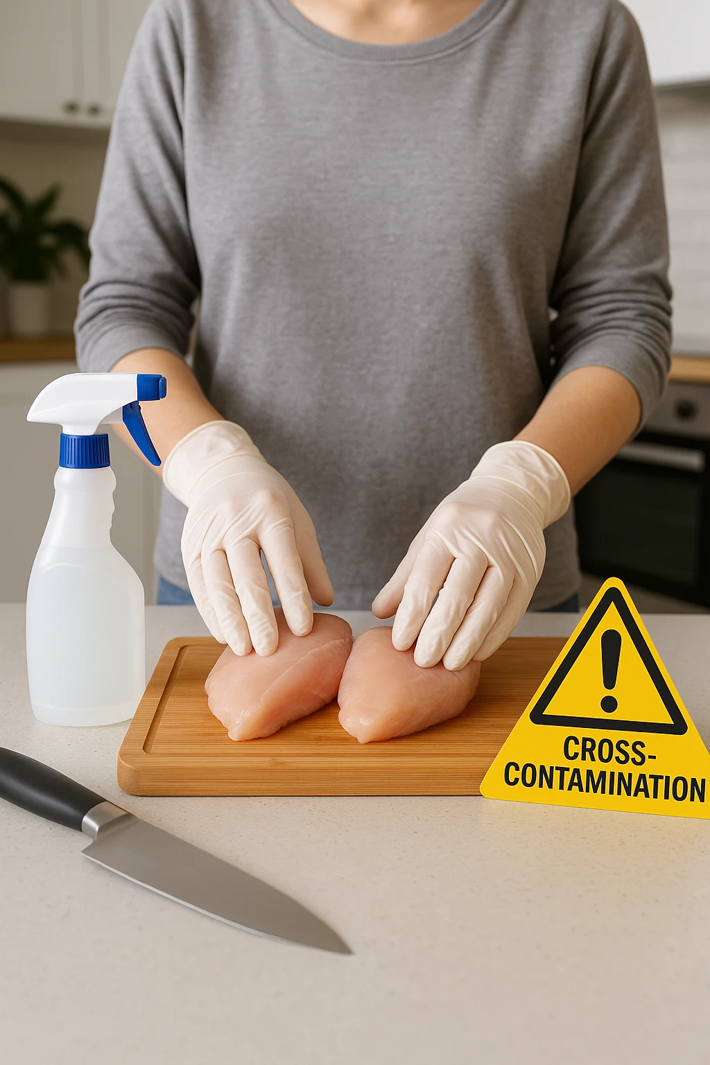 a person in a modern kitchen handles raw chicken breasts on a cutting board, wearing disposable gloves. Nearby, a bottle of disinfectant spray, a separate knife for vegetables, and a warning sign about cross-contamination are clearly visible. The mood is educational, emphasizing safe food handling. emoji