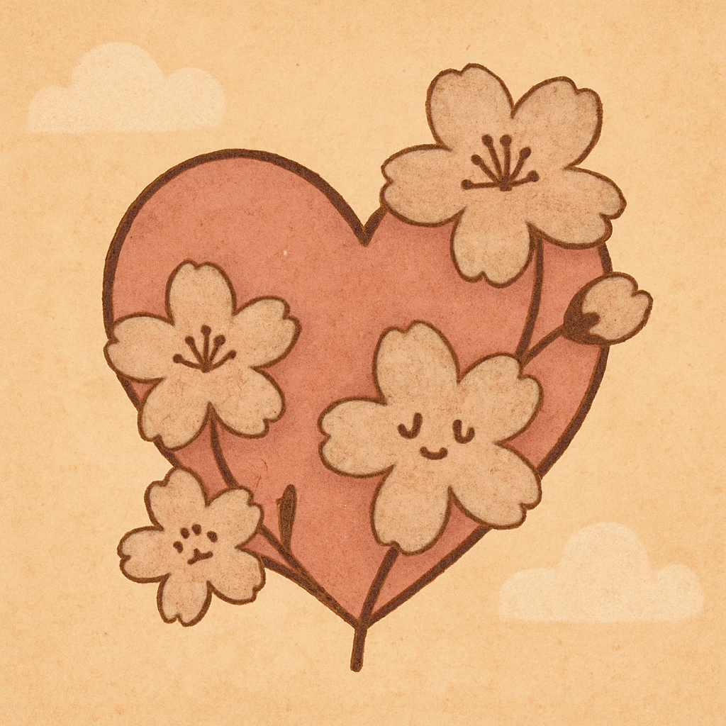 pink heart with sakura flowers, flat warm colors style emoji