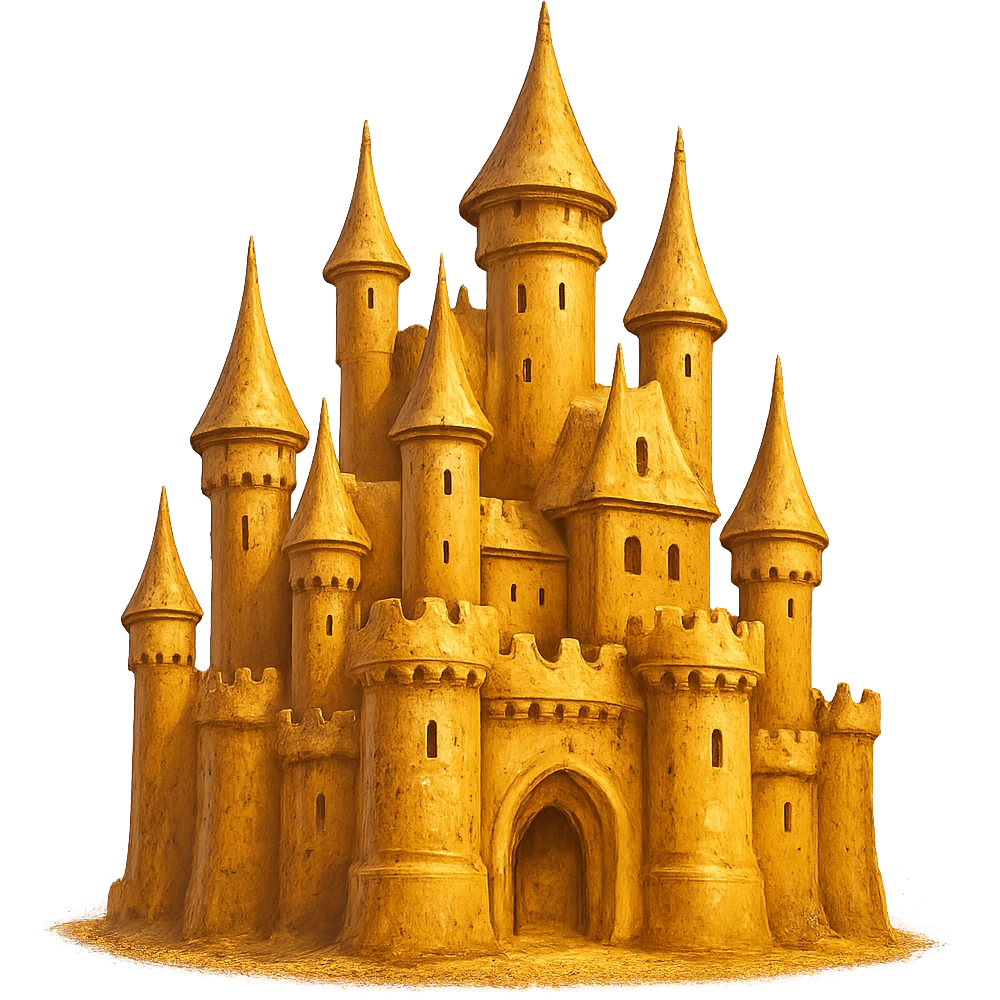 В cлегка рисованной, но при этом объемной и яркой стилистике сгенерируй картинку фотореалистичного золотого замка, прозрачный фон emoji