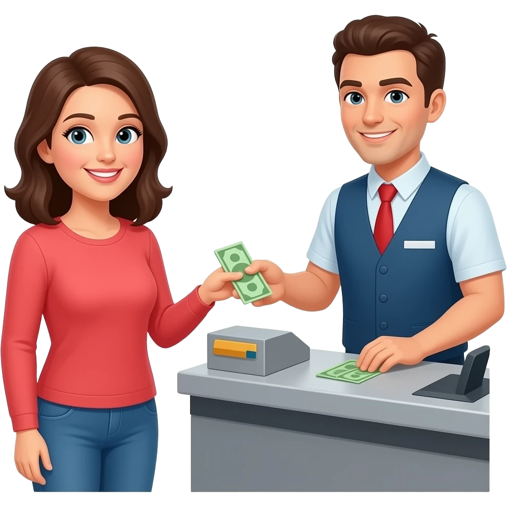 a woman gets change from a cashier  at the checkout emoji