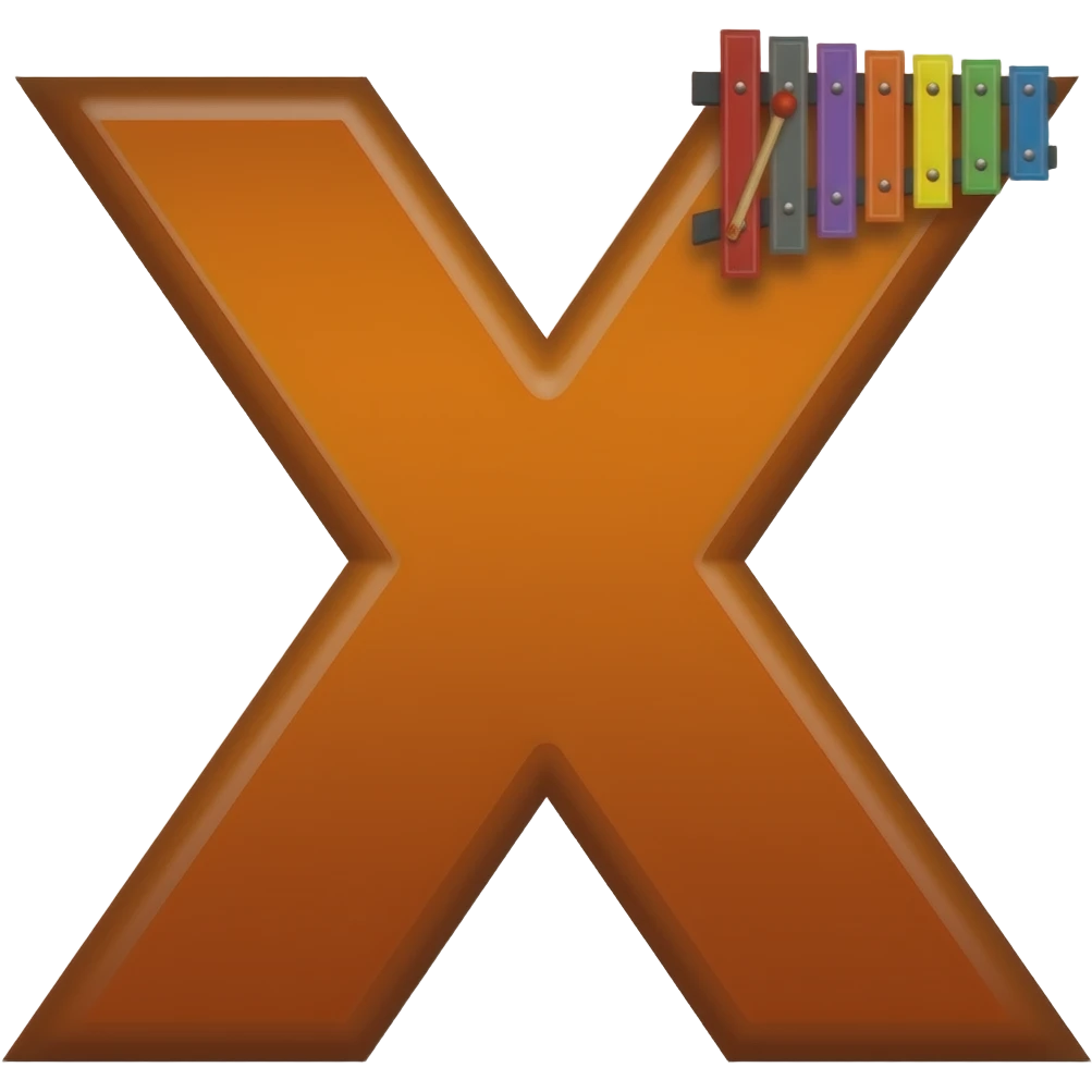 a letter X in dark orange colour having a small xylophone on its  right top. emoji