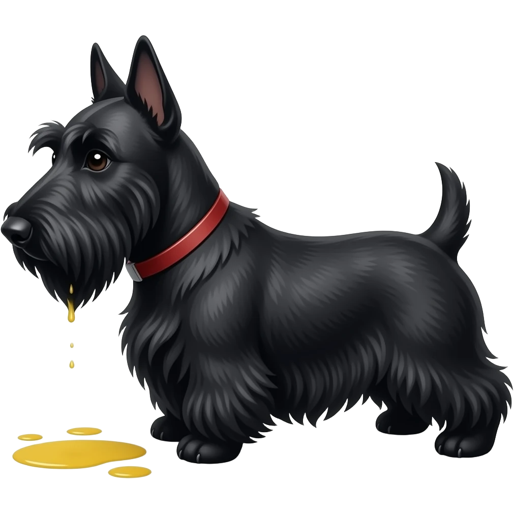 Black Scottie dog in profile with yellow urine on the floor under his back legs emoji