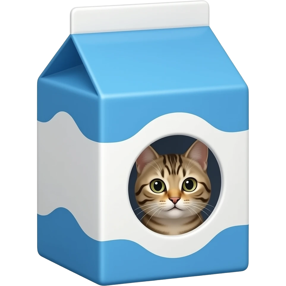 milk carton with blue and white color and with a small circle cutout where you can see a smalk tabby cat inside emoji