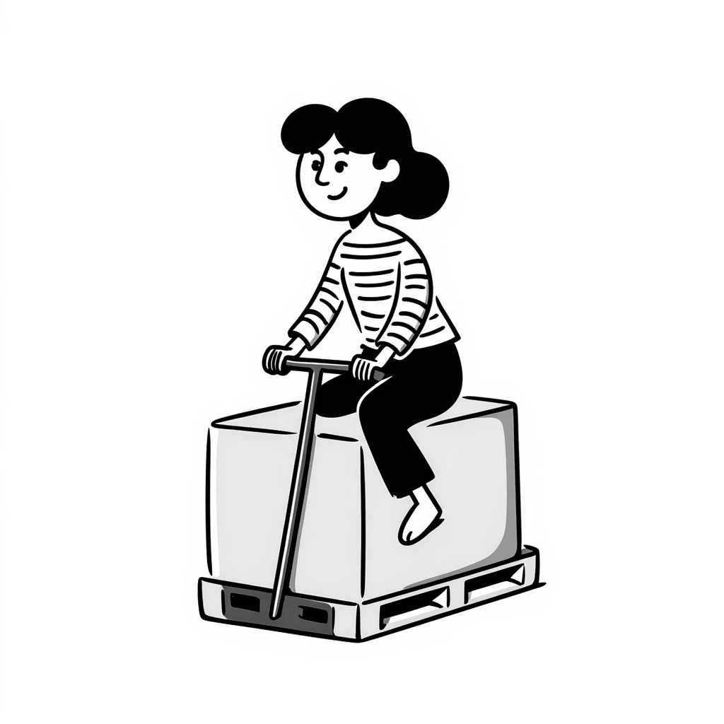 hand-drawn doodle of a person riding a pallet truck emoji