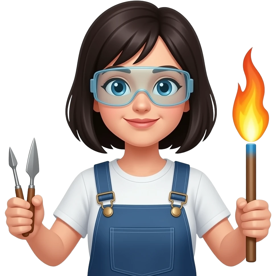 female glass blower with black hair show glass tools emoji