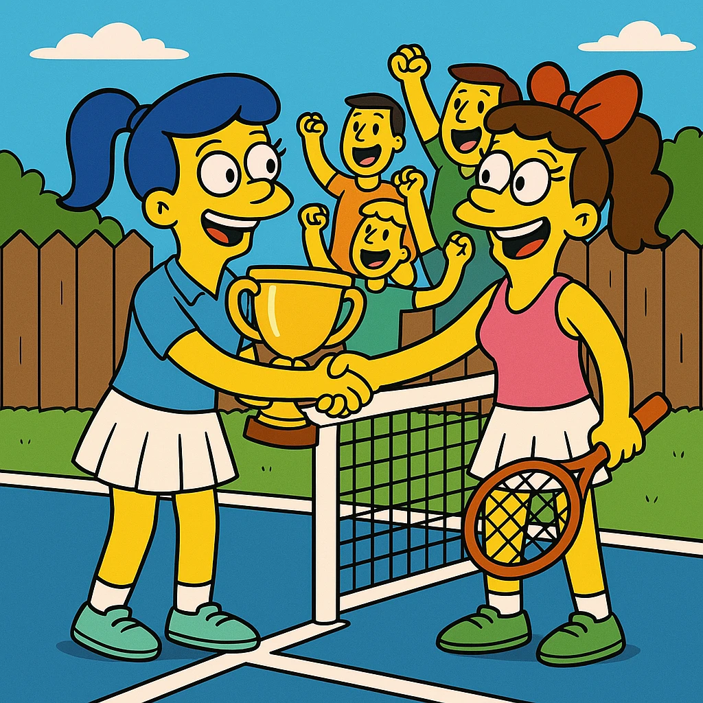  2 female tennis players standing on tennis courte. Congratulating each other shaking hands and smiling, one of them is holding a cup for winning. At the background the spectators cheering emoji