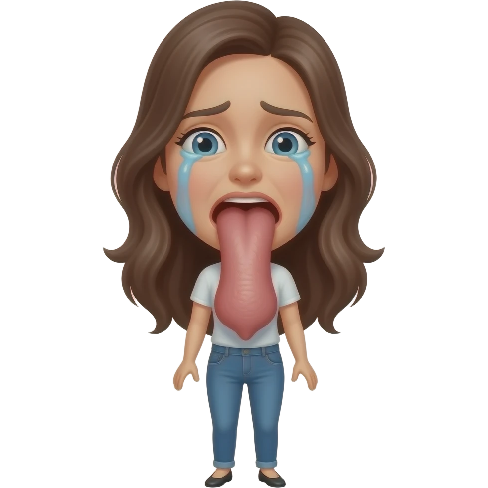 A big realistic penis in the women mouth, the woman is crying and scared,  full body emoji