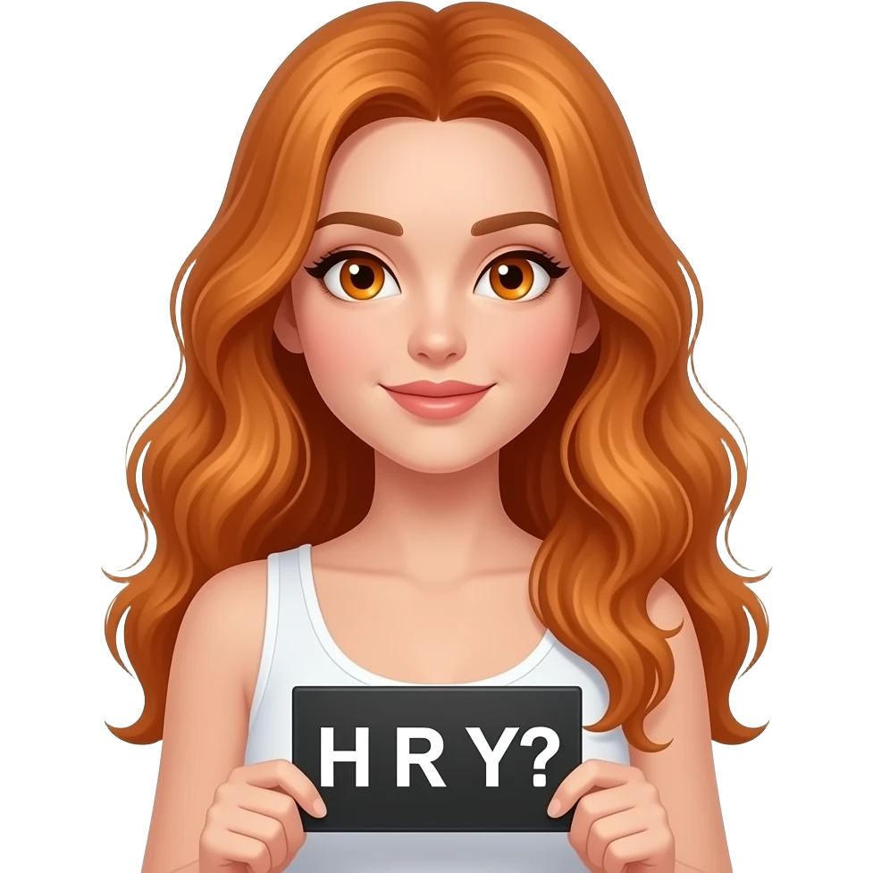 sexy girl with long wavy ginger hair and ginger eyes wearing a white tanktop is holding a black colored sign with H R Y? written on it emoji