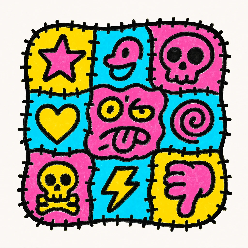 A chaotic patchwork quilt emoji with mismatched symbols and icons, evoking a deliberately absurd and brain-melting feel, grotesque and nonsensical emoji