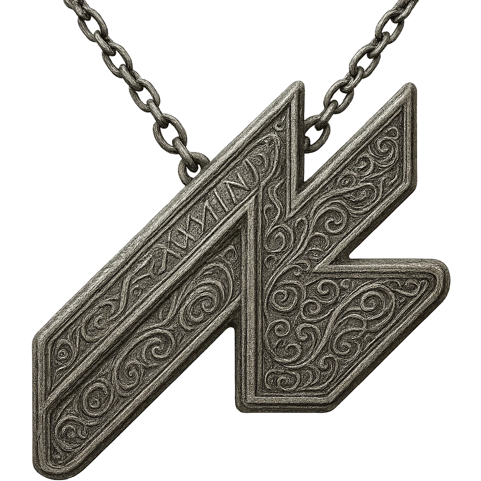 Create an Elden Ring talisman version of the Assetto Corsa logo. The talisman should be silver with intricate engravings and suspended from a chain. The background should be transparent. emoji