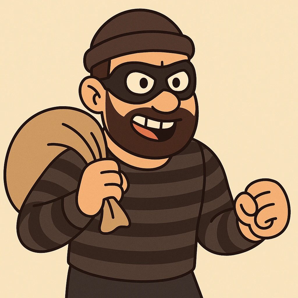 cartoon robber wearing a black eye mask and black striped shirt, simple and bold style emoji
