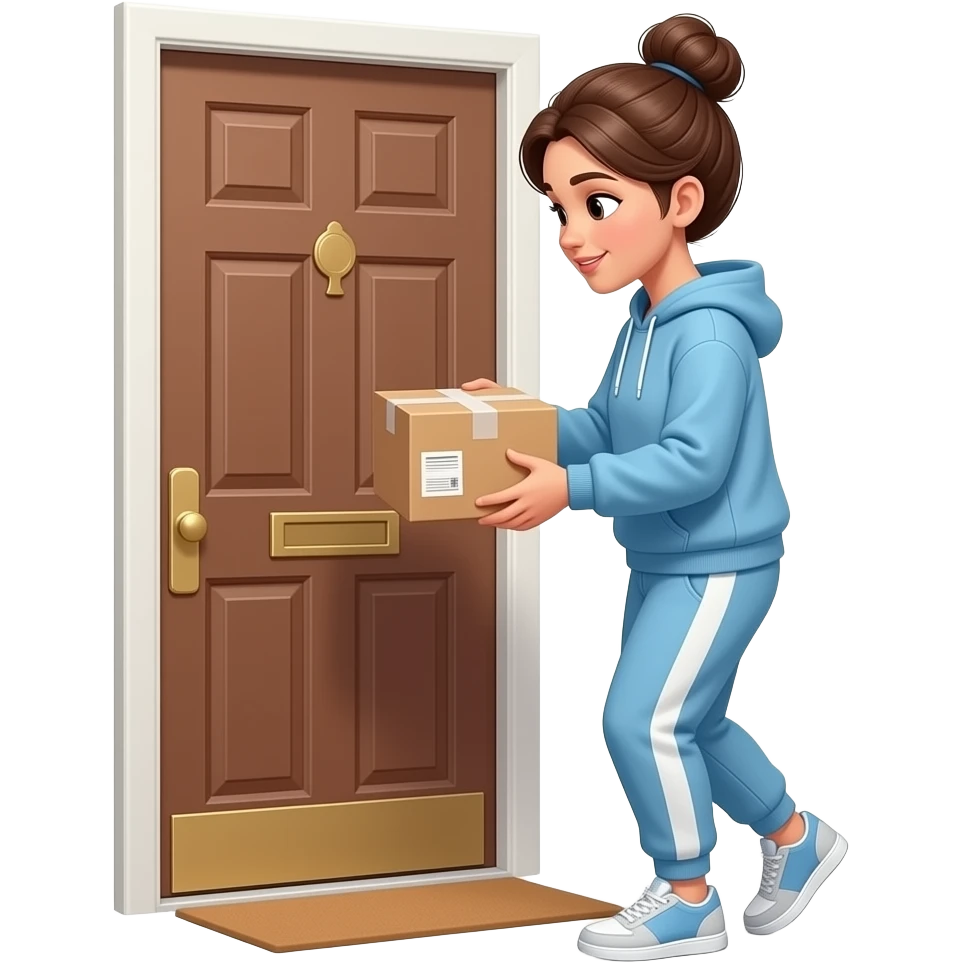 beautiful woman in a sweatshirt, sweat pants and a bun picking up her package outside her door emoji