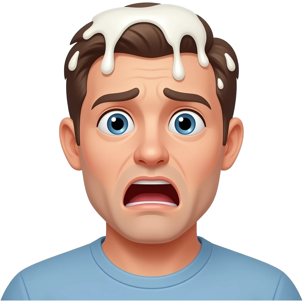 a scared man with milk being dumped on his head and his mouth is like jaw drop emoji