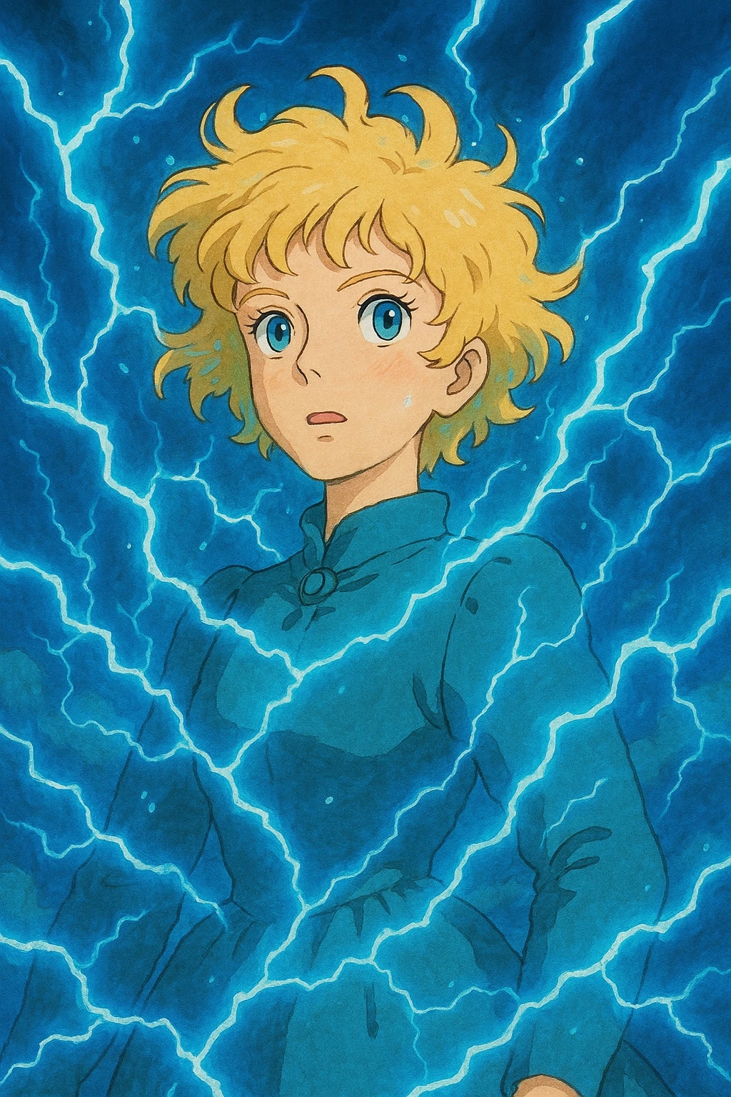 a woman with short curly blonde hair, blue eyes, surrounded by blue lightning, whimsical and vibrant, ghibli style emoji